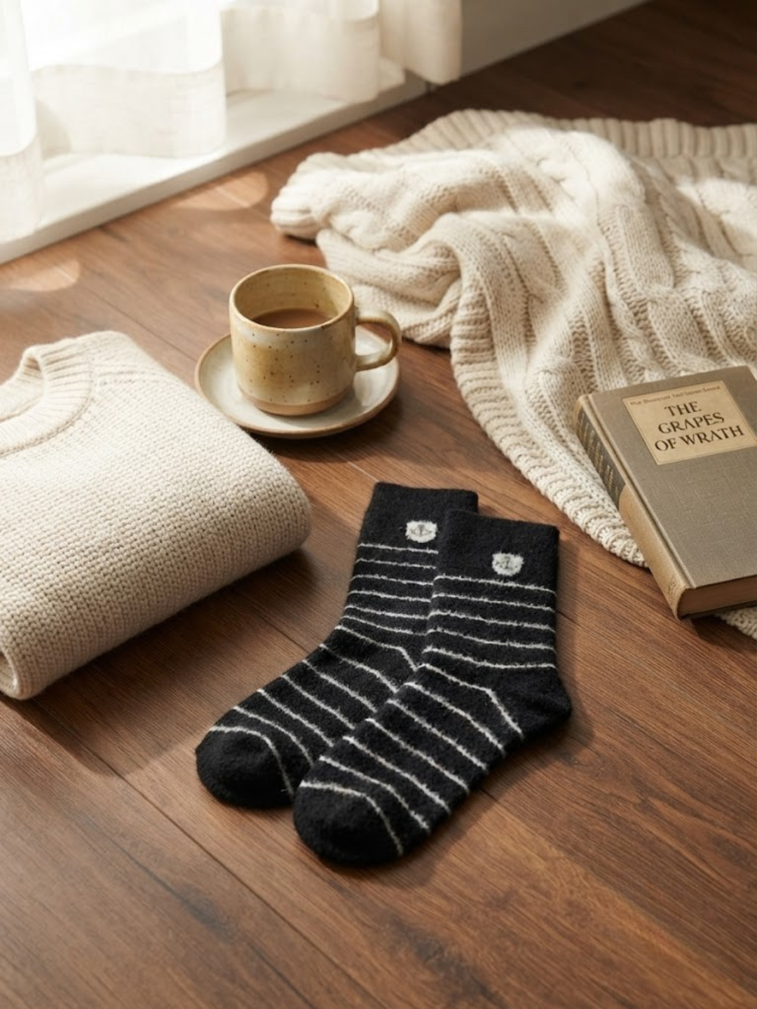 Cdeck Men’s Soft Wool Socks | Warm Black Striped Cozy Socks
