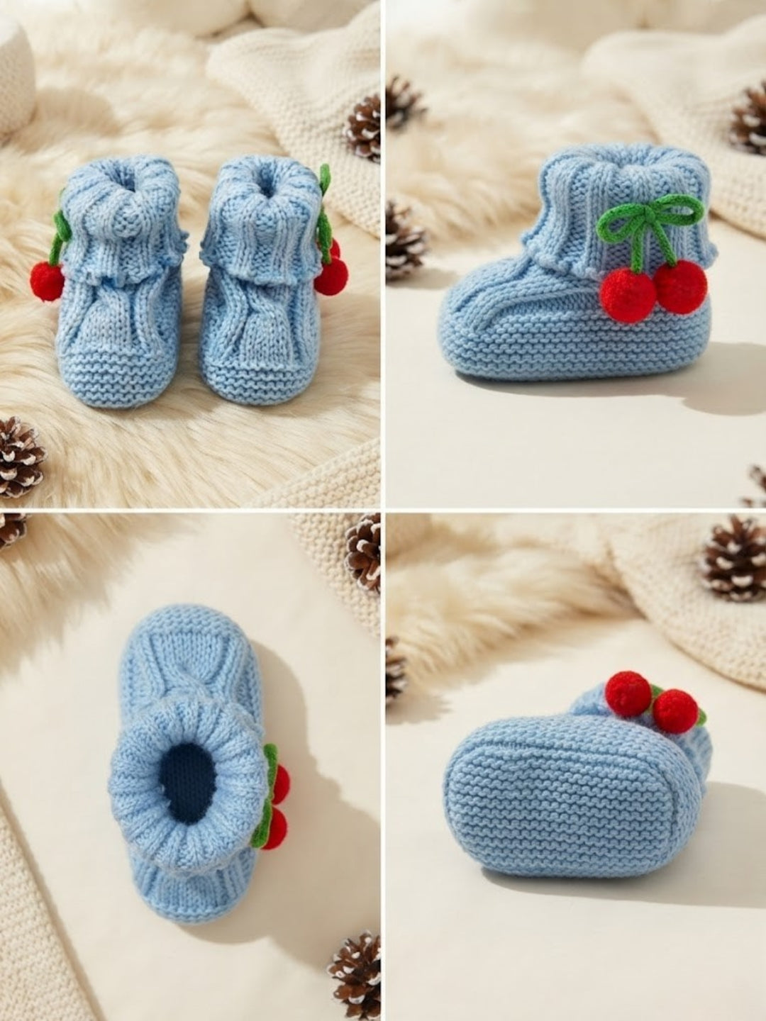 Cdeck Baby Wool Booties with Cherry Pom-Pom Design | Soft Knitted Baby Shoes | Cute Blue Booties for Babies 0–9 Months