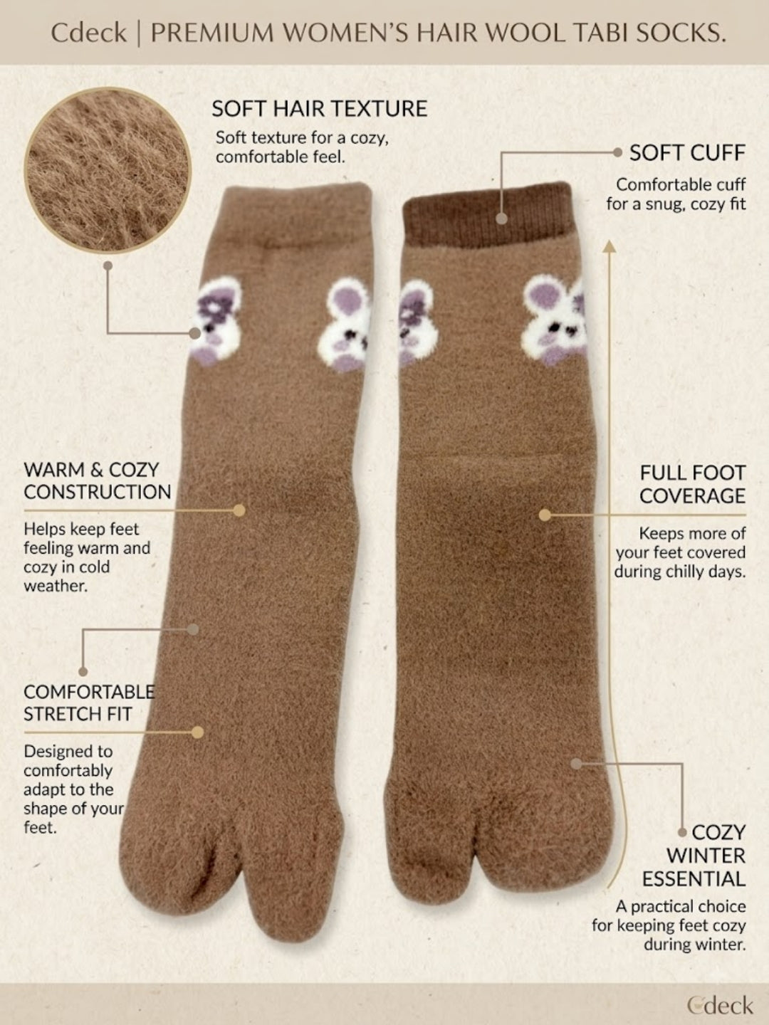 Cdeck Women’s Premium Soft Fuzzy Cute Animal Split-Toe Warm Winter Socks  | Cozy Plush Free Size | Brown