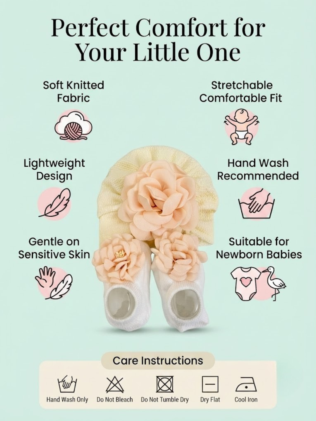 Cdeck Pure Cotton Baby Socks and Cap Set | Soft Floral Design | Comfortable Newborn Accessories