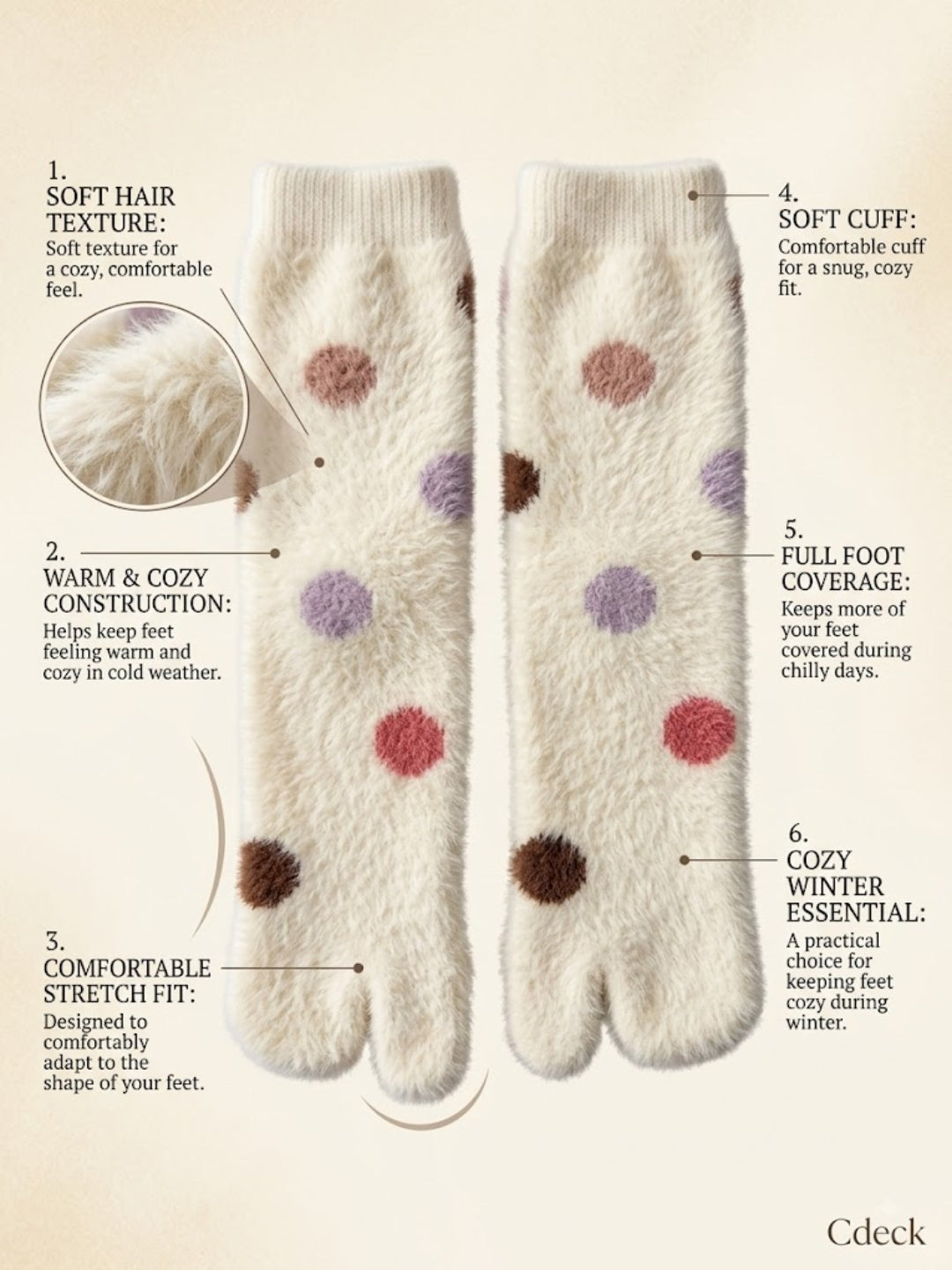 Cdeck Warm Socks for Women | Soft Cozy Comfortable Full-Length Winter Socks with Cute Multicolor Dot Pattern | White