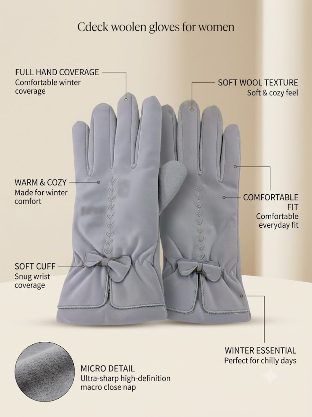 Cdeck Women’s Woolen Gloves | Warm & Stylish Winter Gloves | Screen Friendly | Full Finger | Free Size | Grey