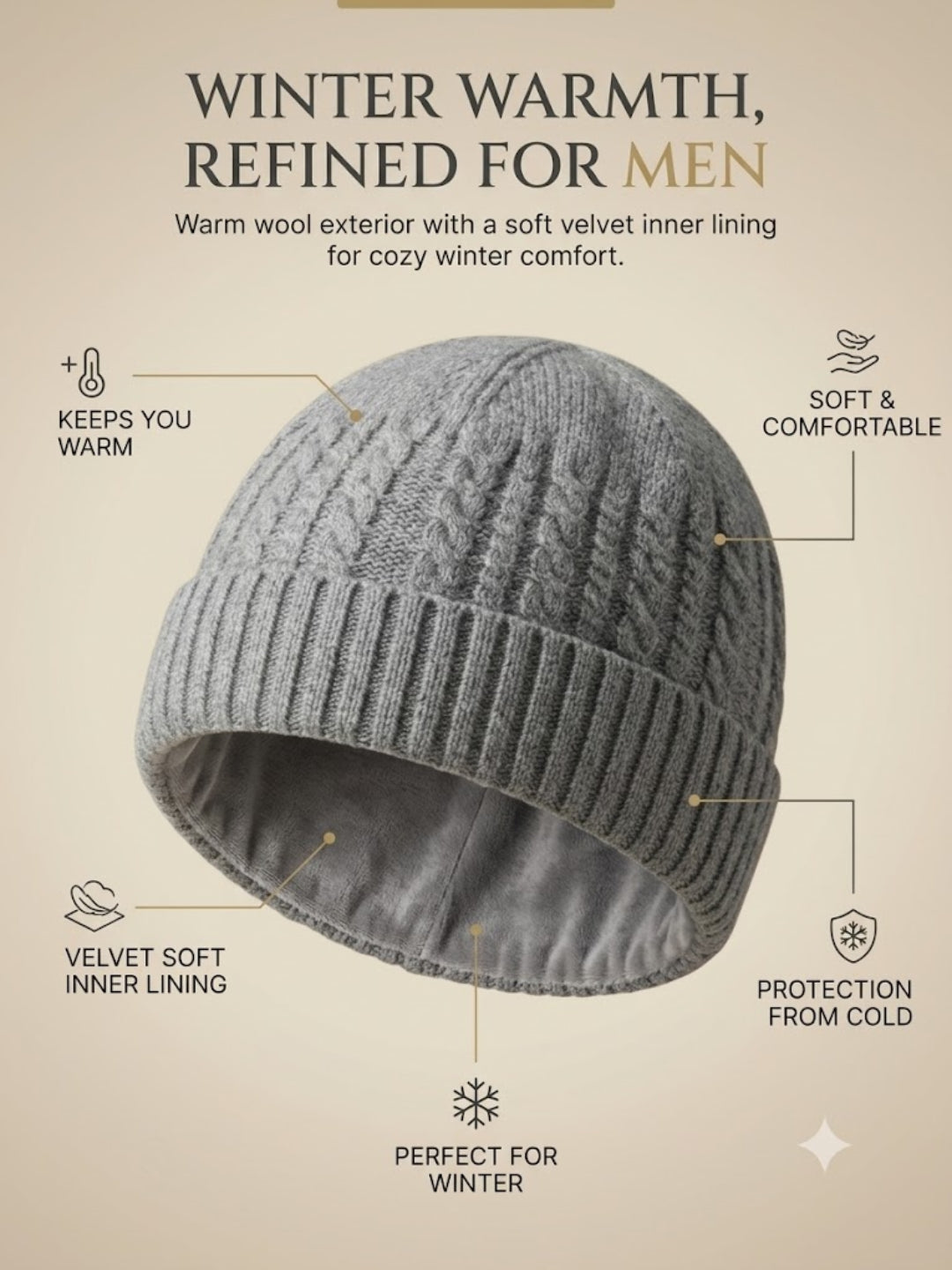 Cdeck Men’s Winter Woolen Cap | Ribbed Knit Beanie | Free Size | Soft & Warm  |Grey