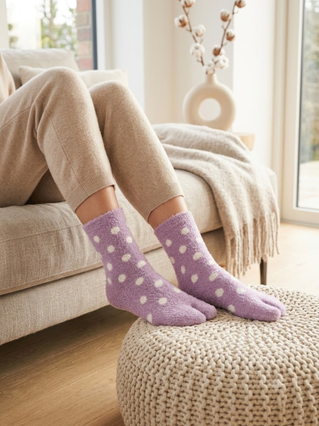 Cdeck Women Premium Hair Wool Socks | Soft Warm Fuzzy Winter Socks | Lavender & White Polka Dot | Free Size