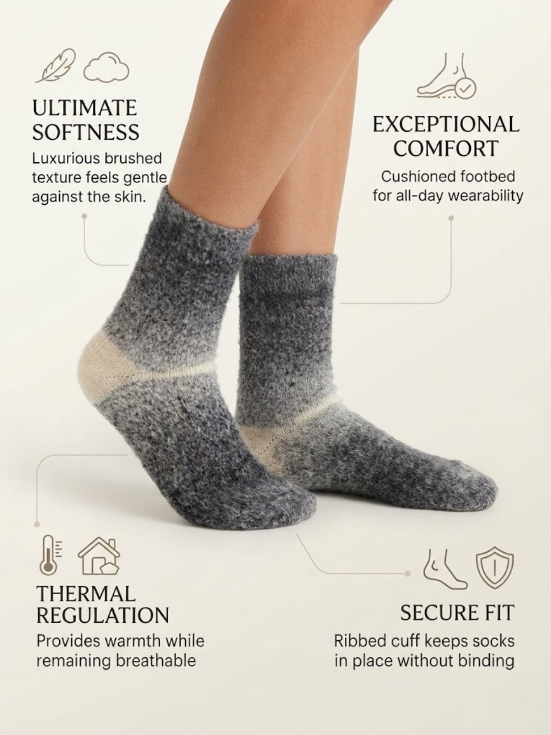 Cdeck Unisex Premium Warm Fuzzy Socks – Extra Soft Cozy Winter Socks for Men & Women | Comfortable Stretch Fit | Free Size | Grey & White