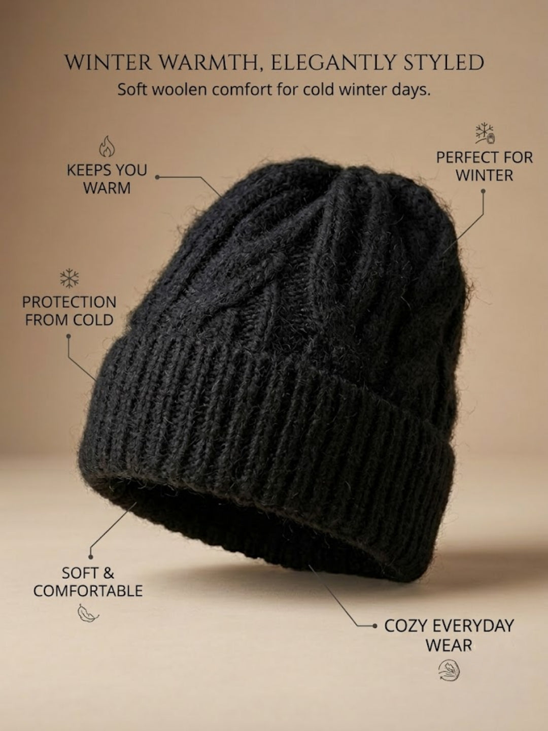 Cdeck Women Woolen Cap | Soft Knitted Winter Beanie for Women | Warm & Stylish Winter Wear | Free Size| Black