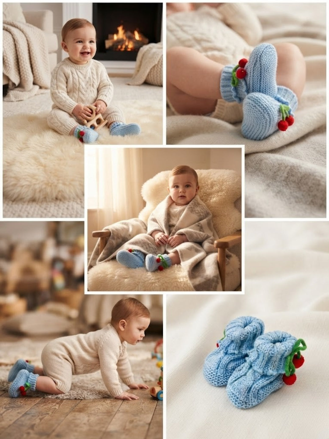 Cdeck Baby Wool Booties with Cherry Pom-Pom Design | Soft Knitted Baby Shoes | Cute Blue Booties for Babies 0–9 Months
