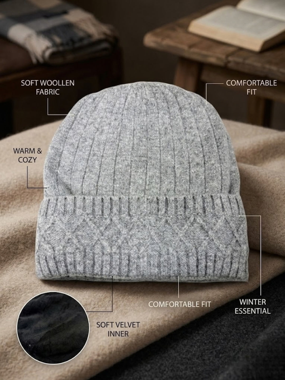 Cdeck Men’s Woolen Winter Cap | Soft, Warm & Comfortable Cap for Everyday Wear | Free Size | Grey