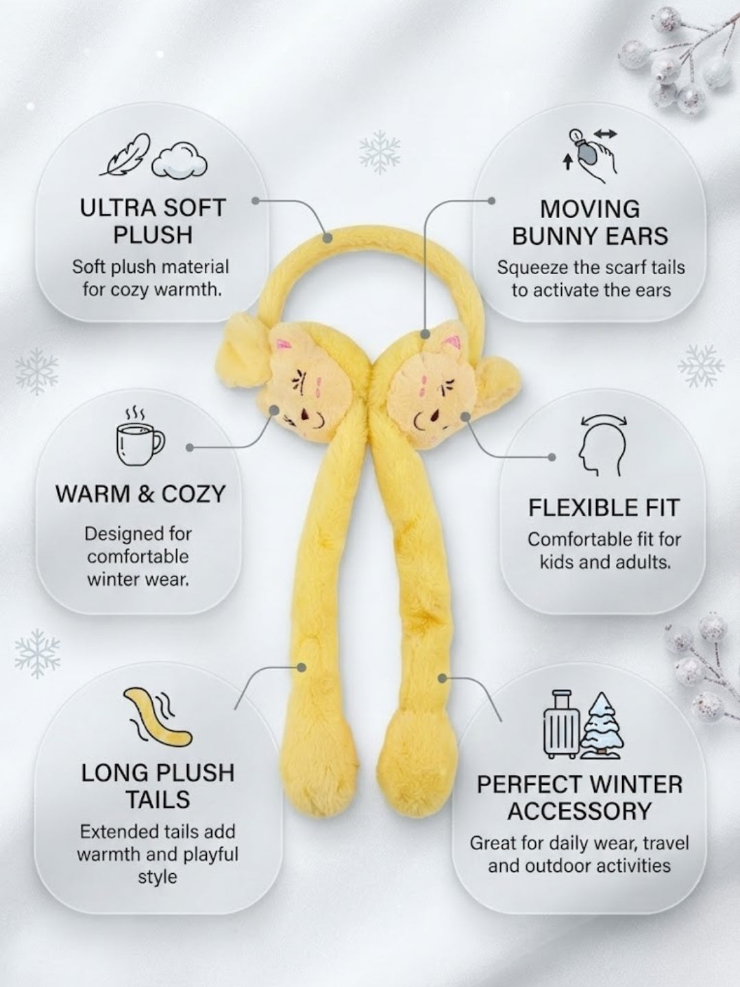 Cdeck Velvet Cat Earmuffs for Girls & Women, Soft Warm Winter Earmuffs with Long Hanging Ear Covers, Free Size