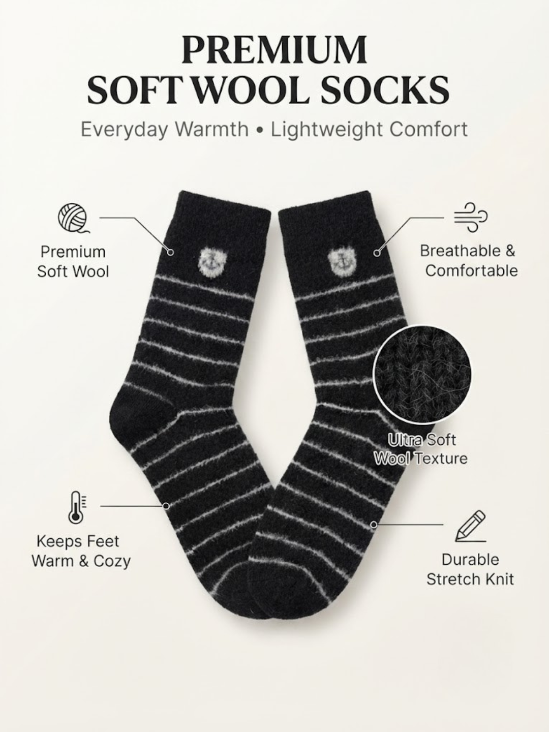 Cdeck Men’s Soft Wool Socks | Warm Black Striped Cozy Socks