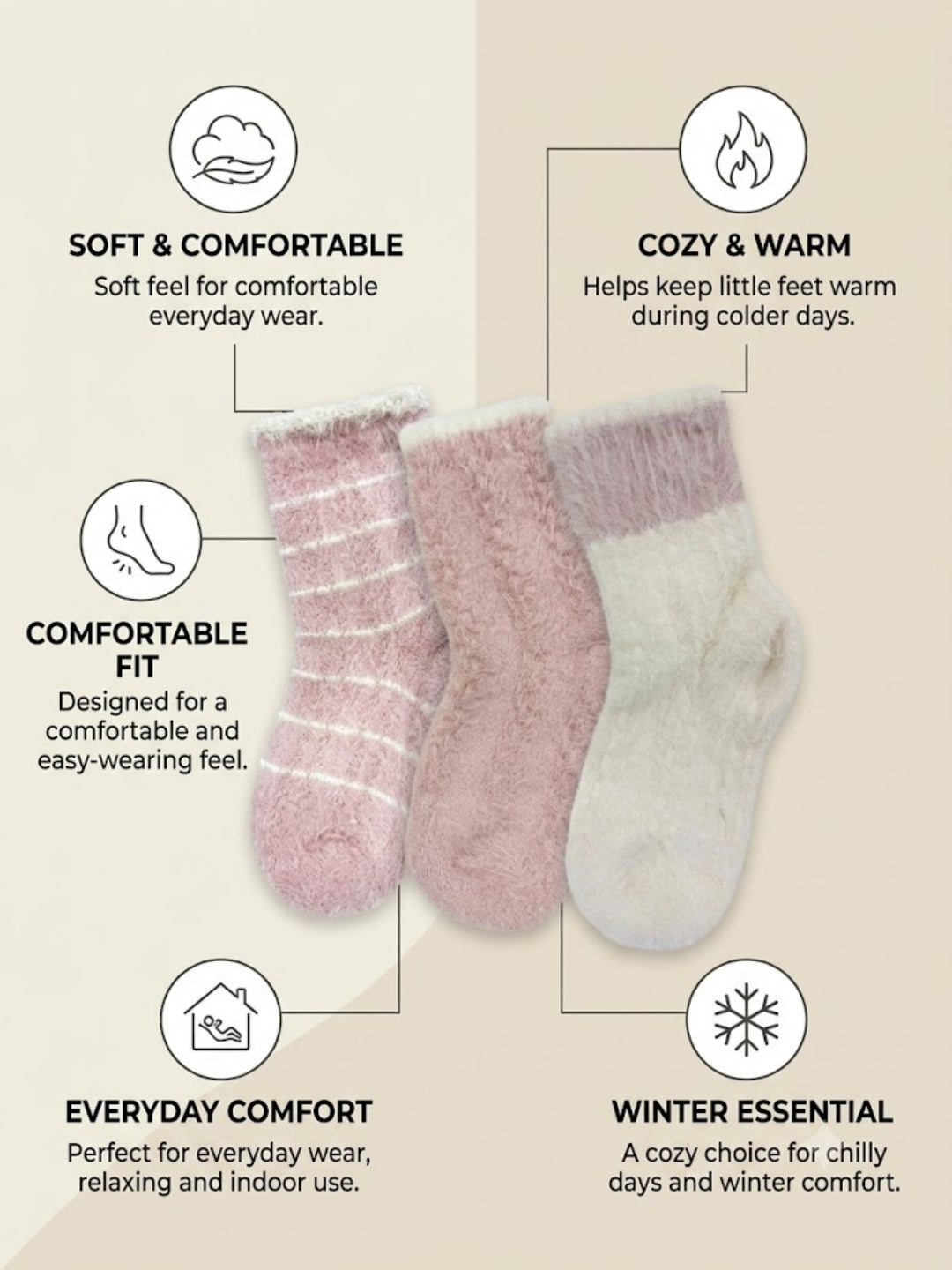 Cdeck Kids Premium Hair Wool Winter Socks | Soft, Warm & Cozy Sock|  | 2–12 Years | Pink & Cream | Multicolor Pack