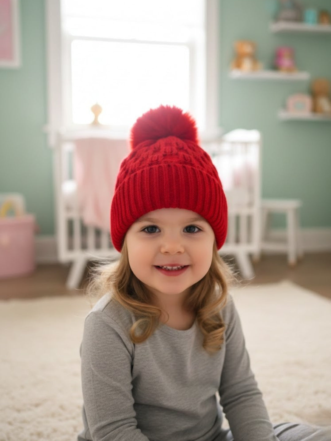 Cdeck Unisex Cable Knit Woolen Winter Beanie Cap with Pom Pom | Soft & Warm | 2–4 Years