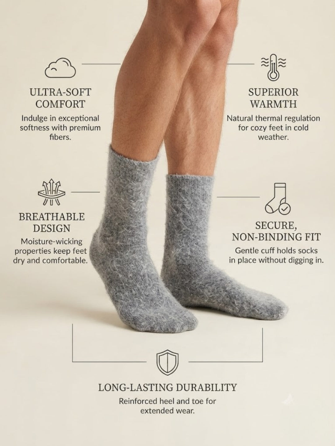 Cdeck Unisex Woolen Winter Socks | Soft Warm Wool Socks for Men & Women | Cozy Comfortable Winter Socks | Full Length | Light Grey