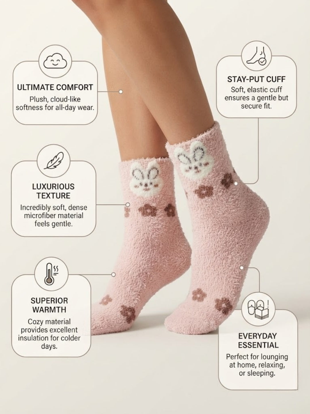 Cdeck Women’s Pink Rabbit Fuzzy Socks – Soft Plush Warm Winter Cozy Mid-Calf Socks
