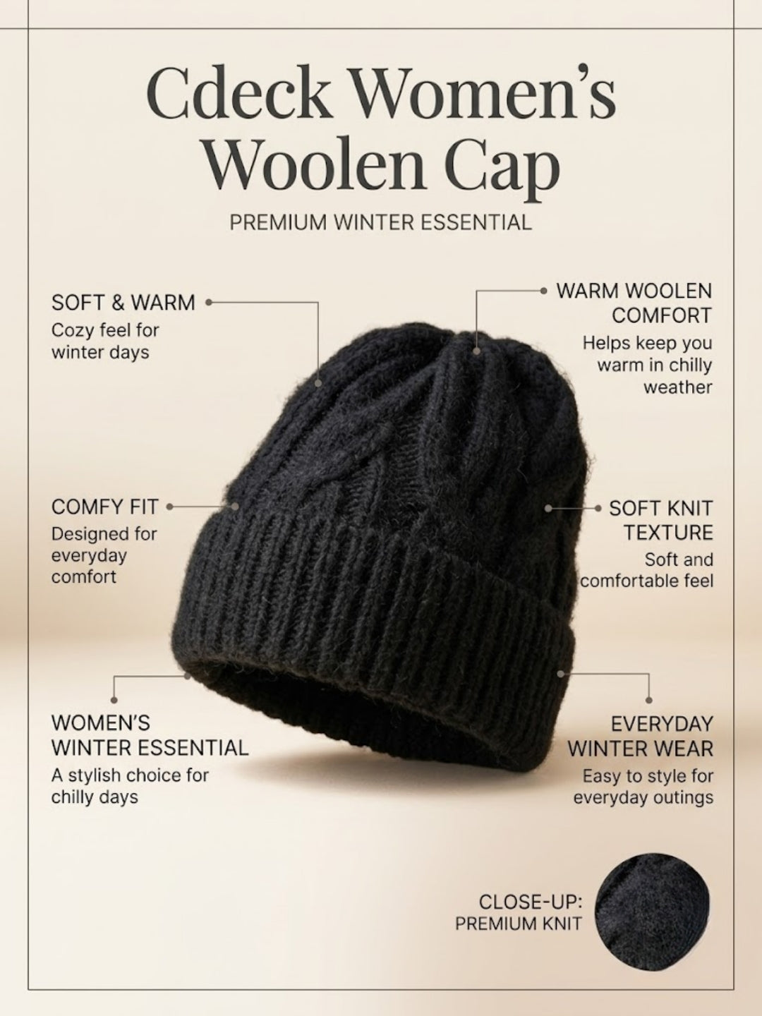 Cdeck Women Woolen Cap | Soft Knitted Winter Beanie for Women | Warm & Stylish Winter Wear | Free Size| Black