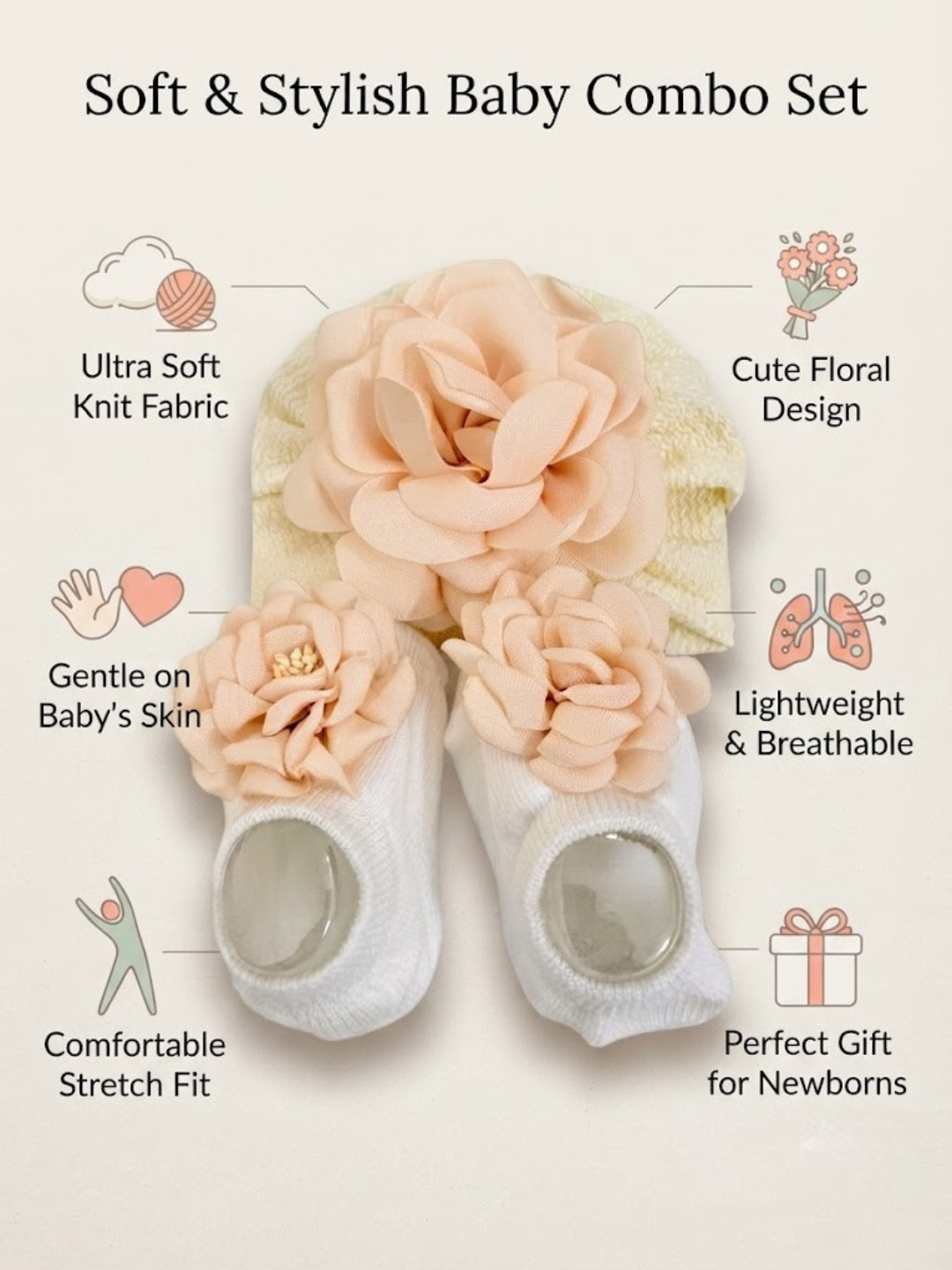 Cdeck Pure Cotton Baby Socks and Cap Set | Soft Floral Design | Comfortable Newborn Accessories