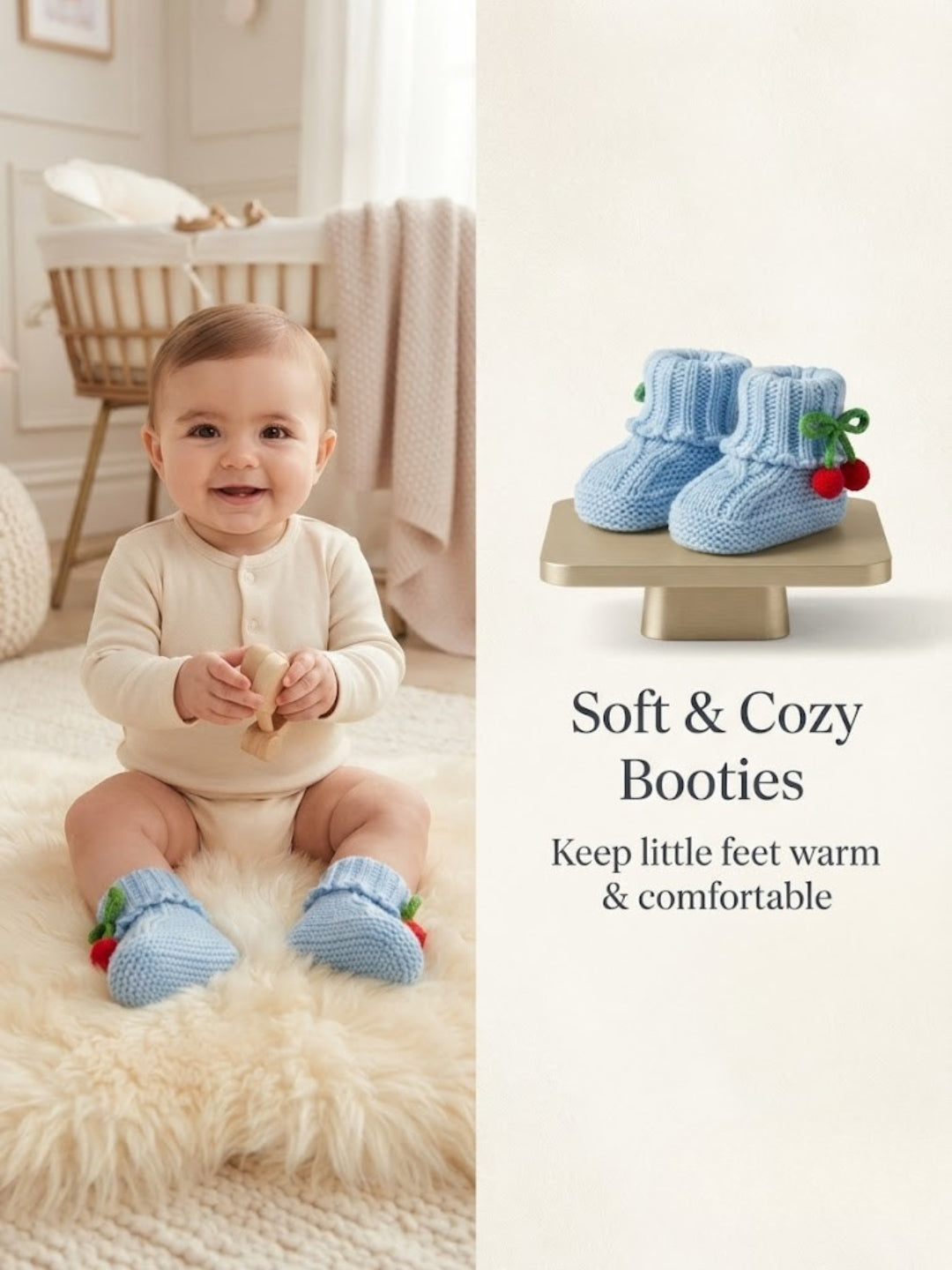 Cdeck Baby Wool Booties with Cherry Pom-Pom Design | Soft Knitted Baby Shoes | Cute Blue Booties for Babies 0–9 Months