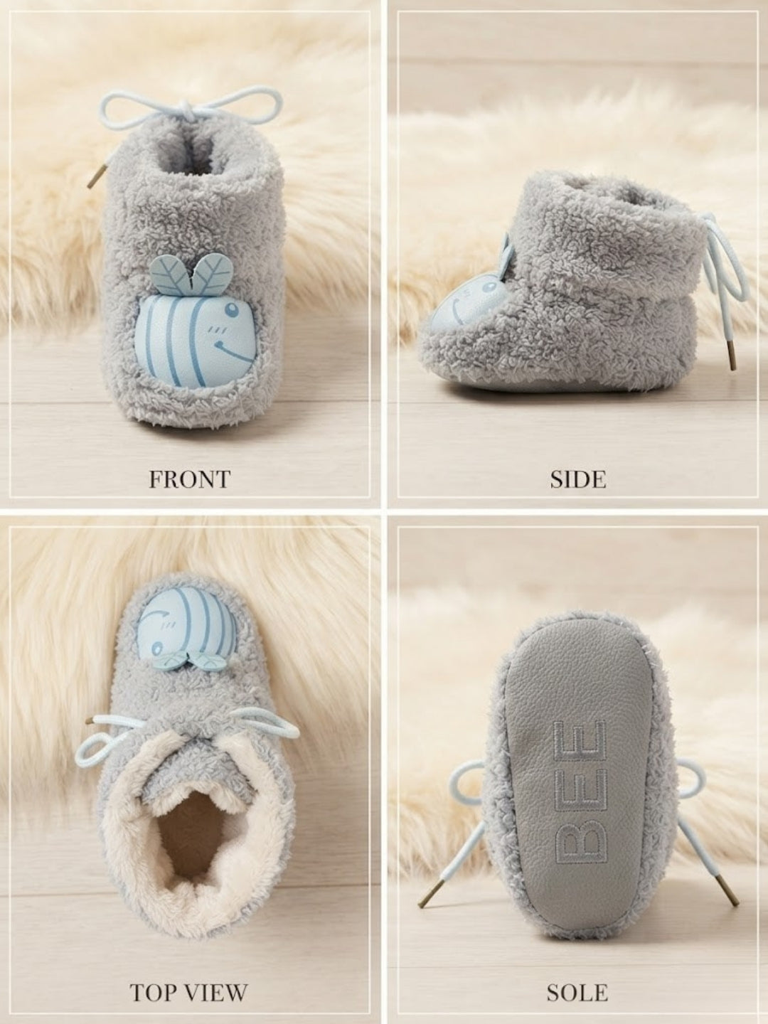 Cdeck Baby Wool Booties | Soft Warm Fleece Baby Shoes | Cute Grey Booties for Babies 3–9 Months