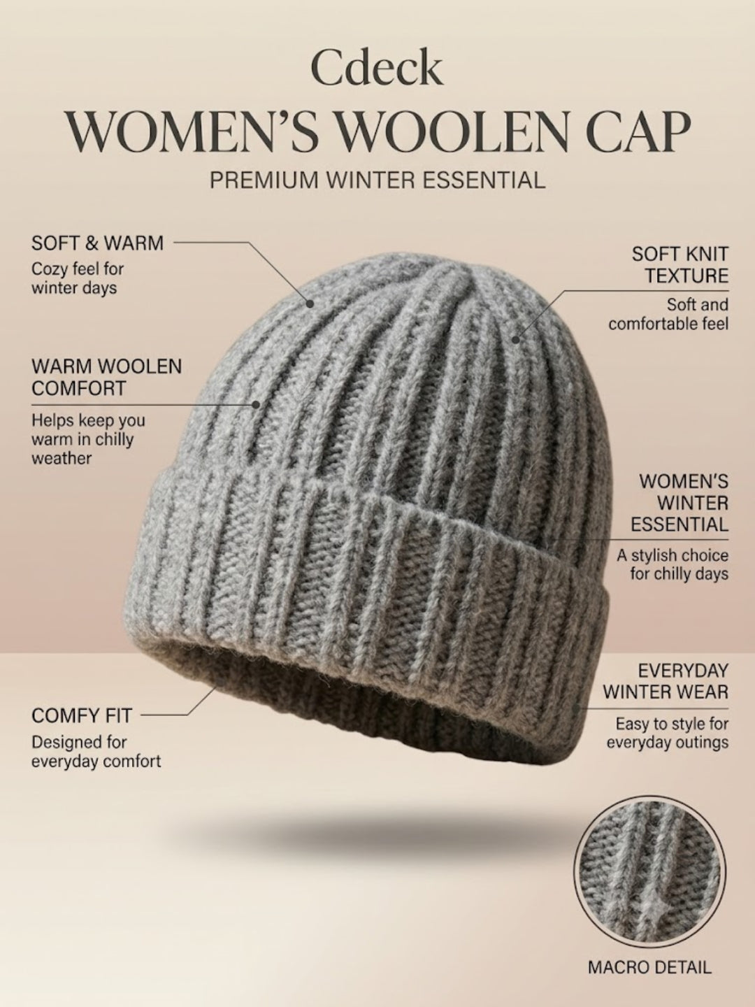 Cdeck Women Woolen Cap | Soft Knitted Winter Beanie for Women | Warm & Stylish Winter Wear | Free Size| Grey