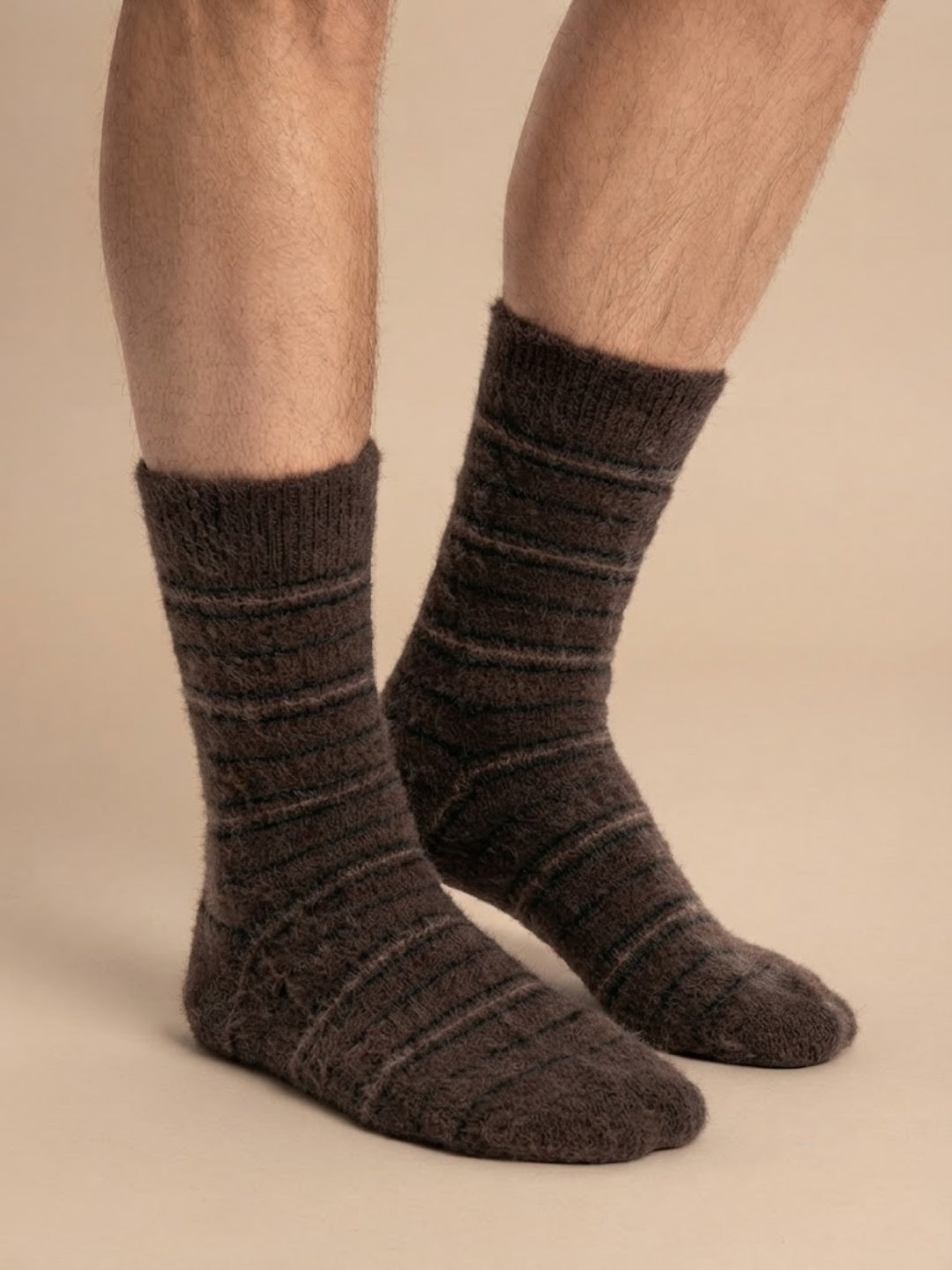 Cdeck Men’s Premium Hair Wool Winter Socks | Single Pair | Soft, Fuzzy, Warm & Comfortable | Brown Striped