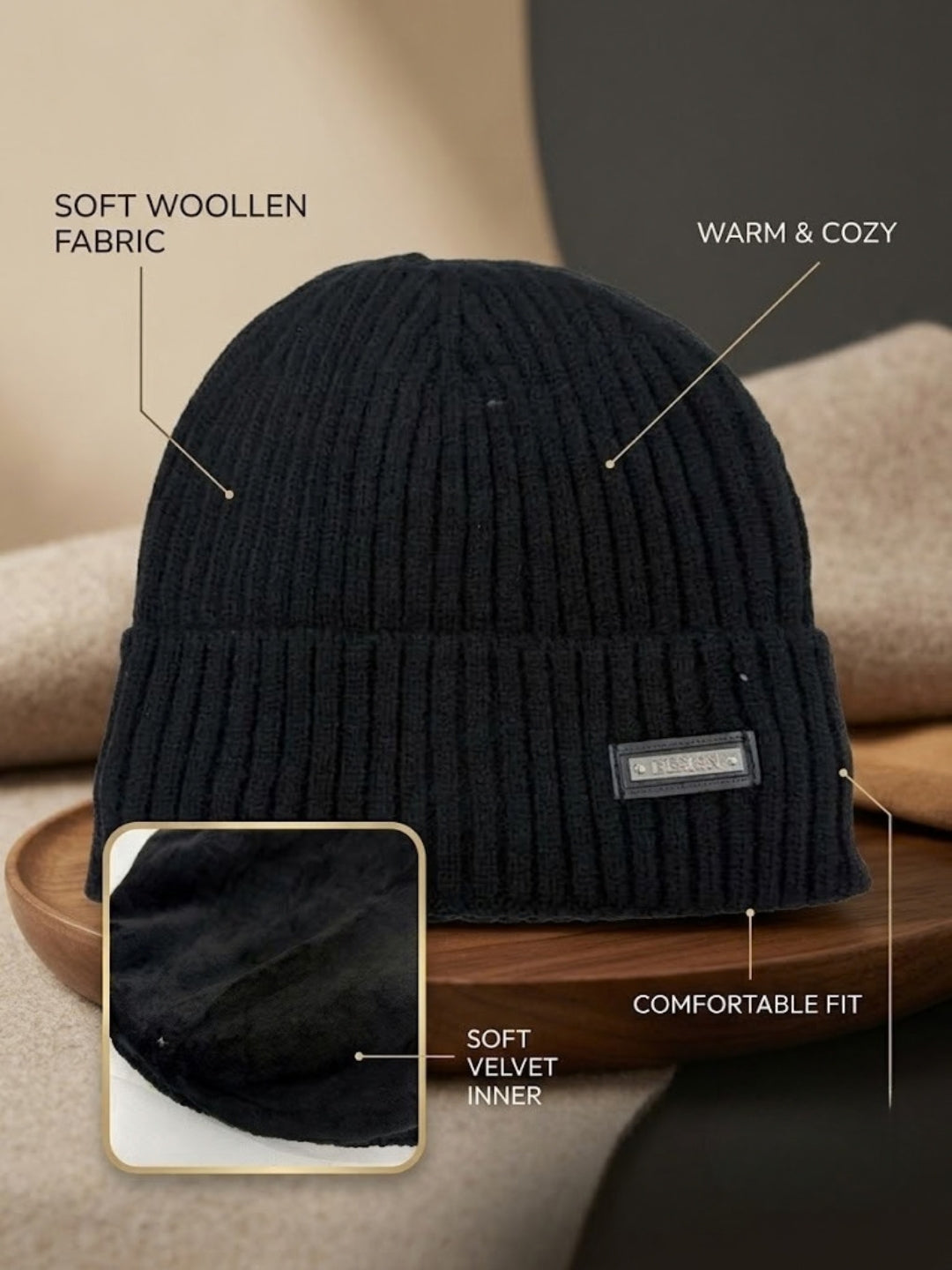 Cdeck Men’s Woolen Winter Cap | Soft, Warm & Comfortable Cap for Everyday Wear | Free Size | Black