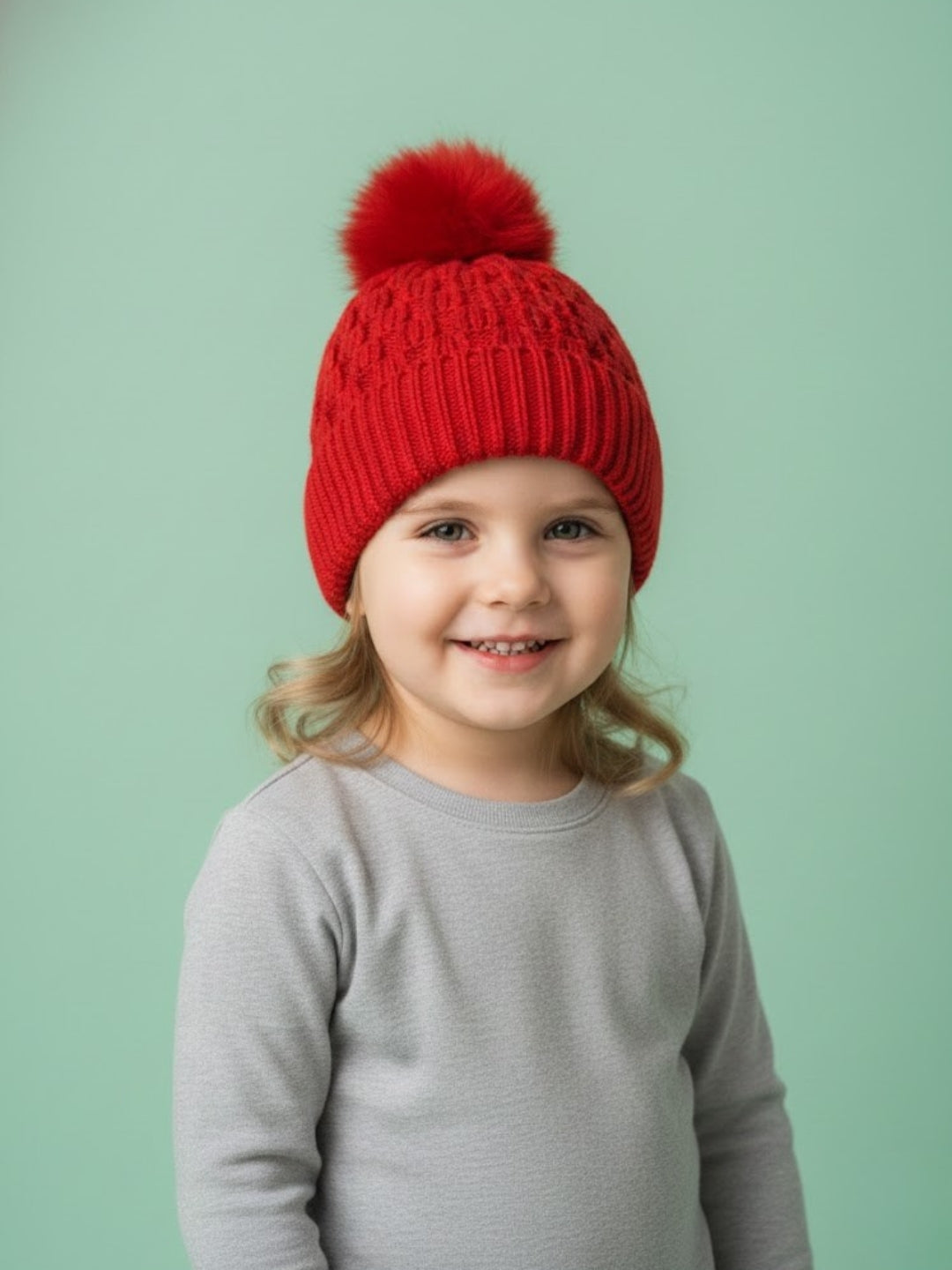 Cdeck Unisex Cable Knit Woolen Winter Beanie Cap with Pom Pom | Soft & Warm | 2–4 Years
