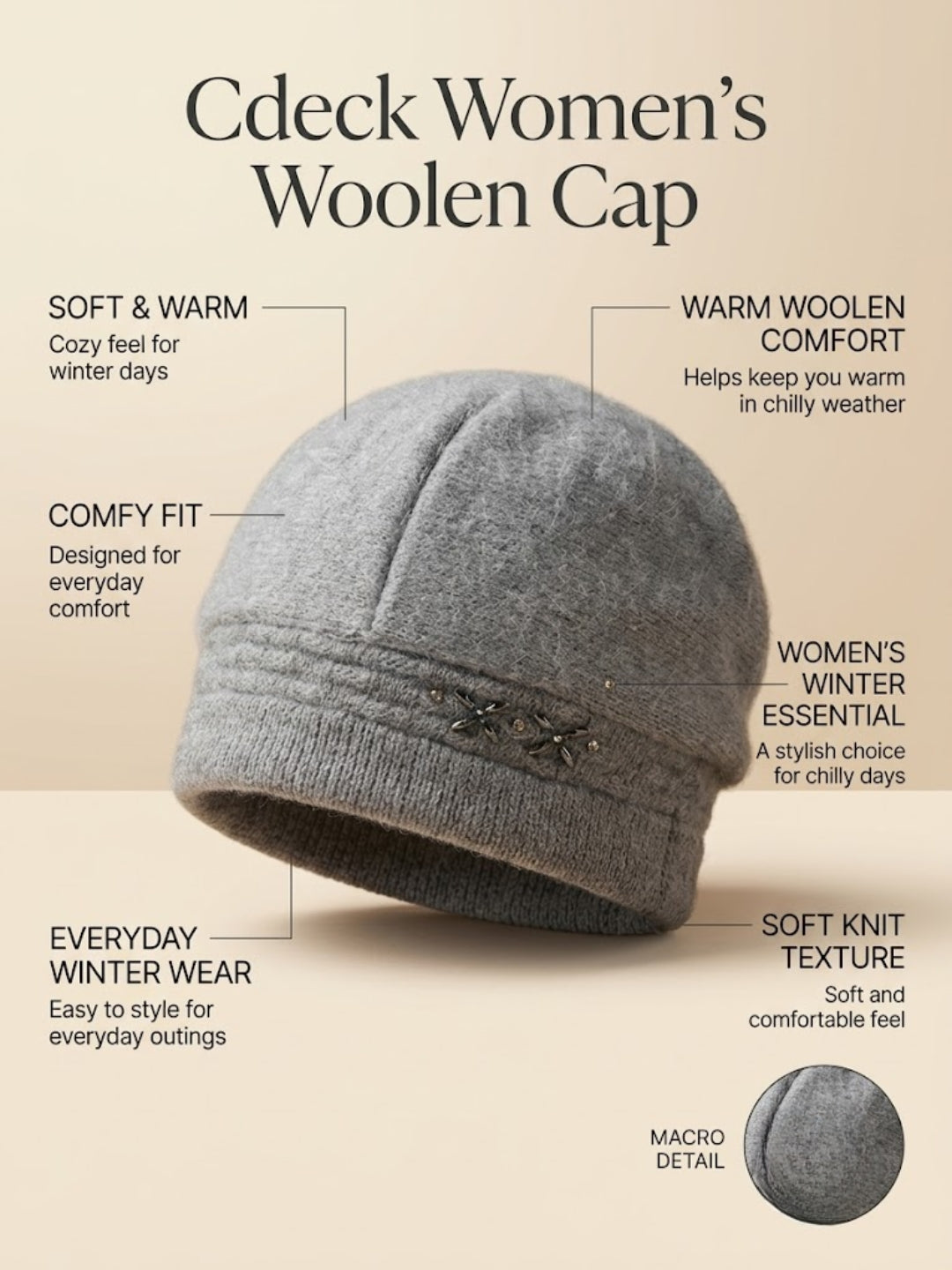 Cdeck Women Woolen Cap | Soft Knitted Winter Beanie for Women | Warm & Stylish Winter Wear | Free Size| Grey
