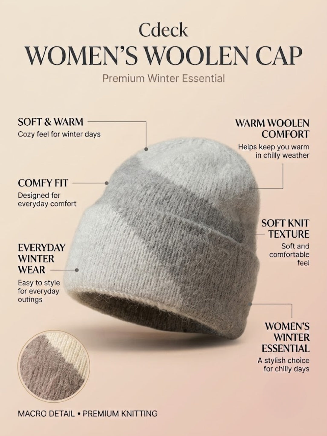 Cdeck Women Woolen Cap | Soft Knitted Winter Beanie for Women | Warm & Stylish Winter Wear | Free Size