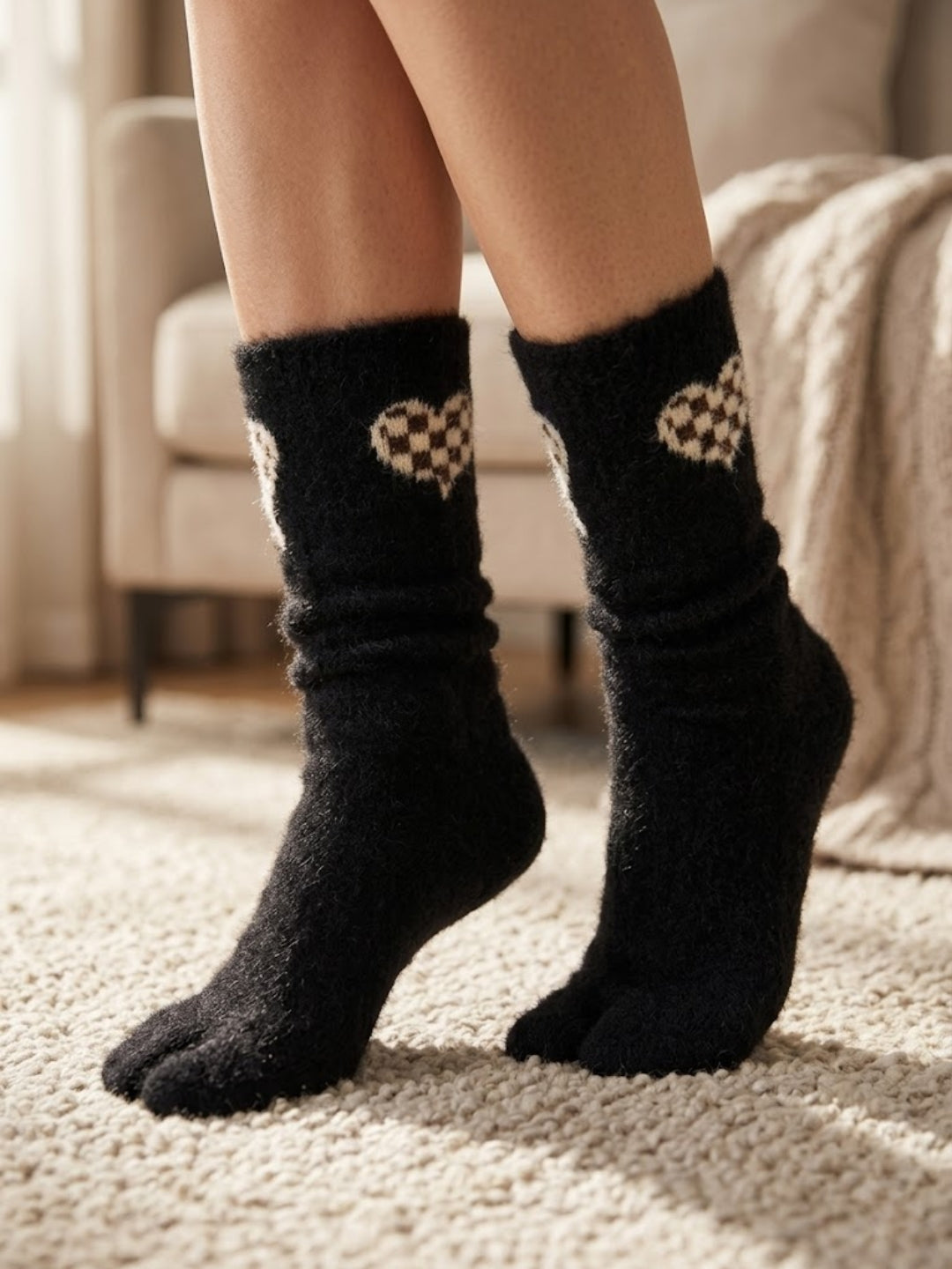 Cdeck Women’s Premium Fuzzy Split-Toe Socks – Cute Bunny Design | Warm Winter Socks | Free Size | Black
