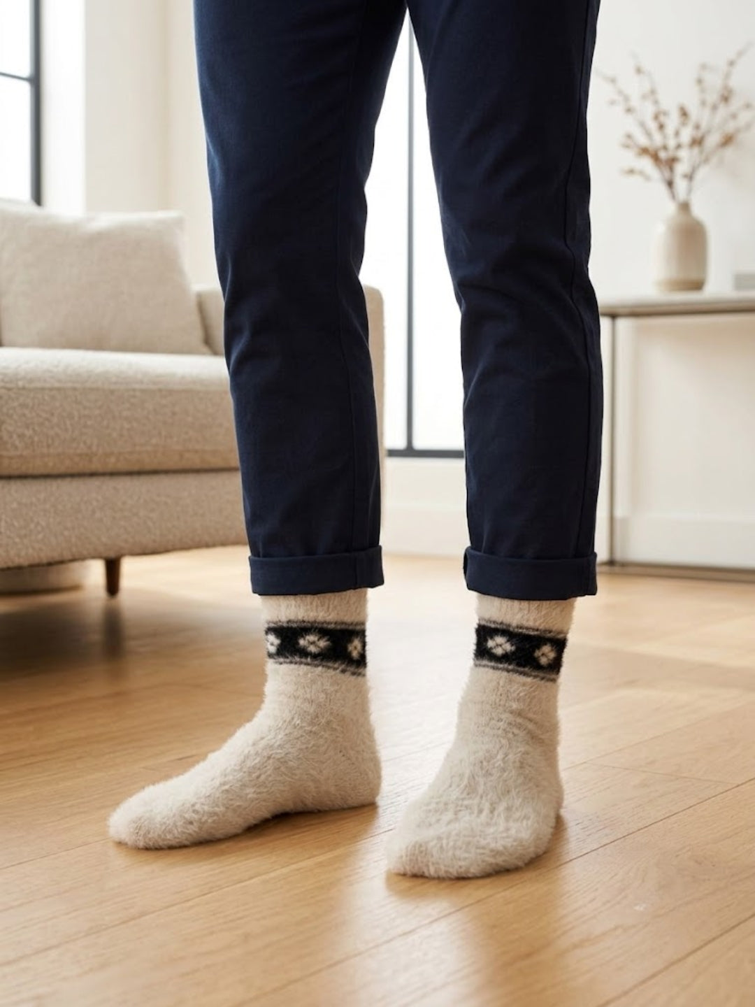 Cdeck Men’s Premium Fuzzy Wool Winter Socks | Soft, Warm & Comfortable | Stretchable Free Size | Cream