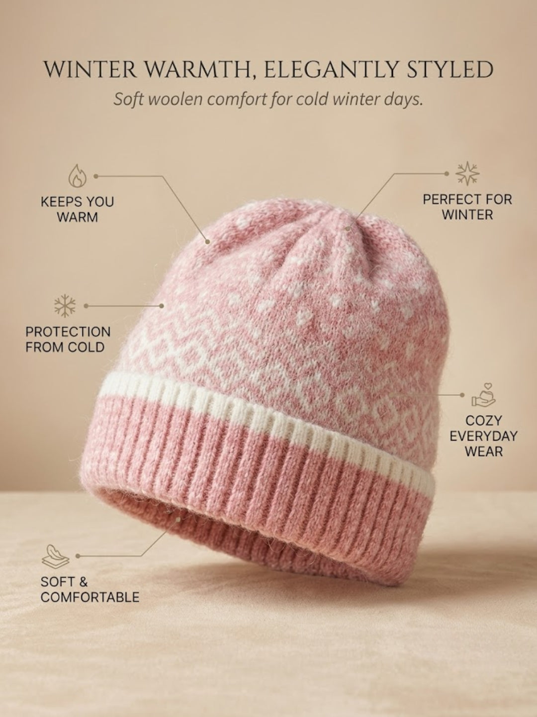 Cdeck Women Woolen Cap | Soft Knitted Winter Beanie for Women | Warm & Stylish Winter Wear | Free Size| Pink