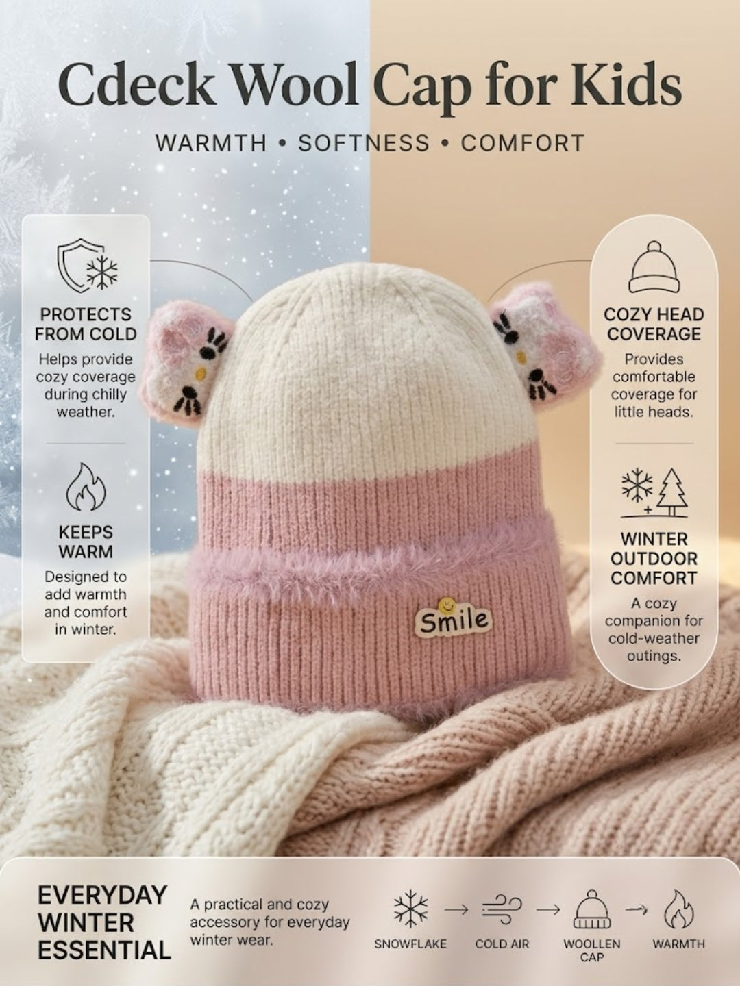 Cdeck Kids Woolen Winter Cap for Boys & Girls | Warm & Comfortable Winter Wear | 2–4 Years | Pink