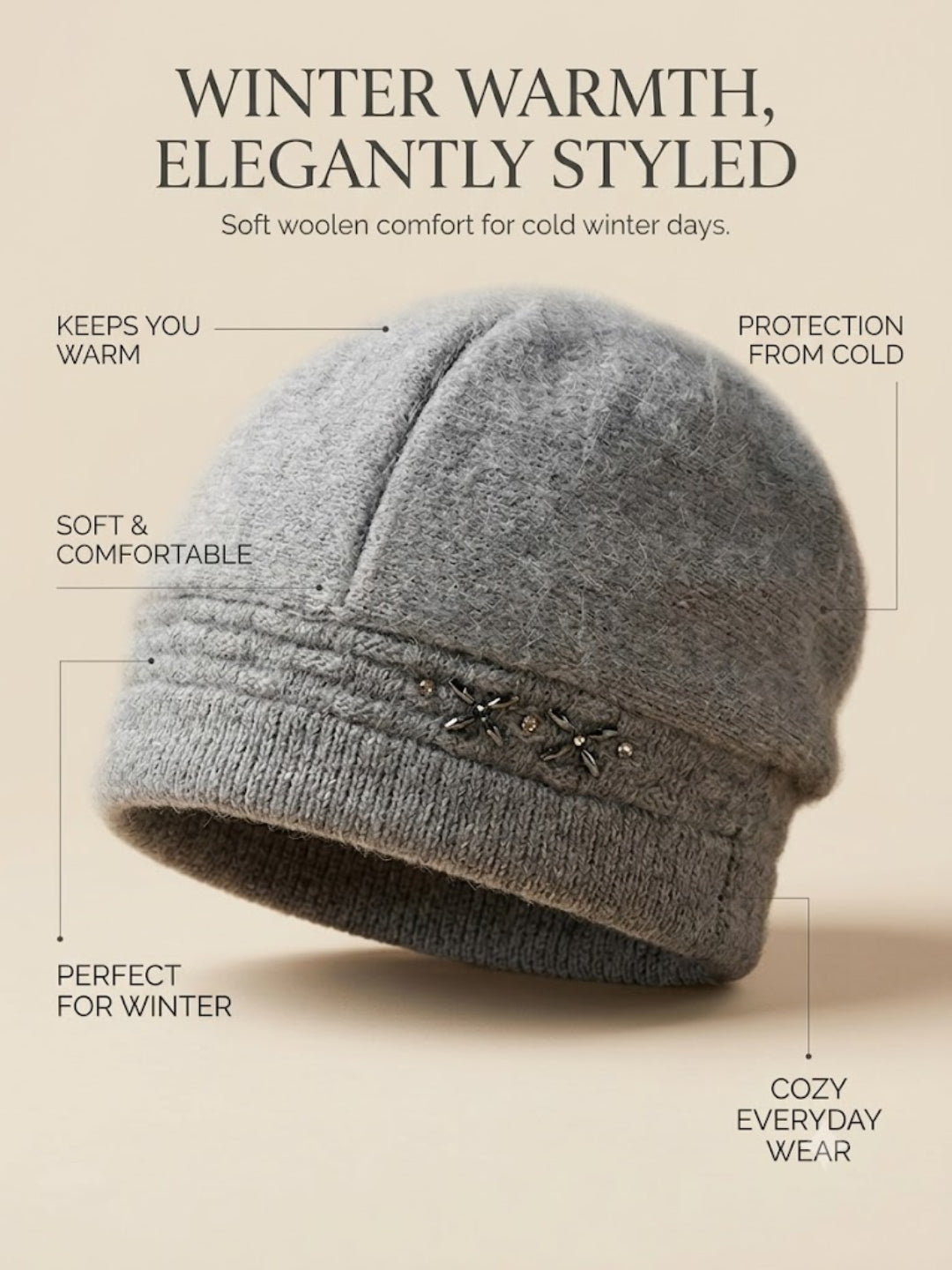 Cdeck Women Woolen Cap | Soft Knitted Winter Beanie for Women | Warm & Stylish Winter Wear | Free Size| Grey
