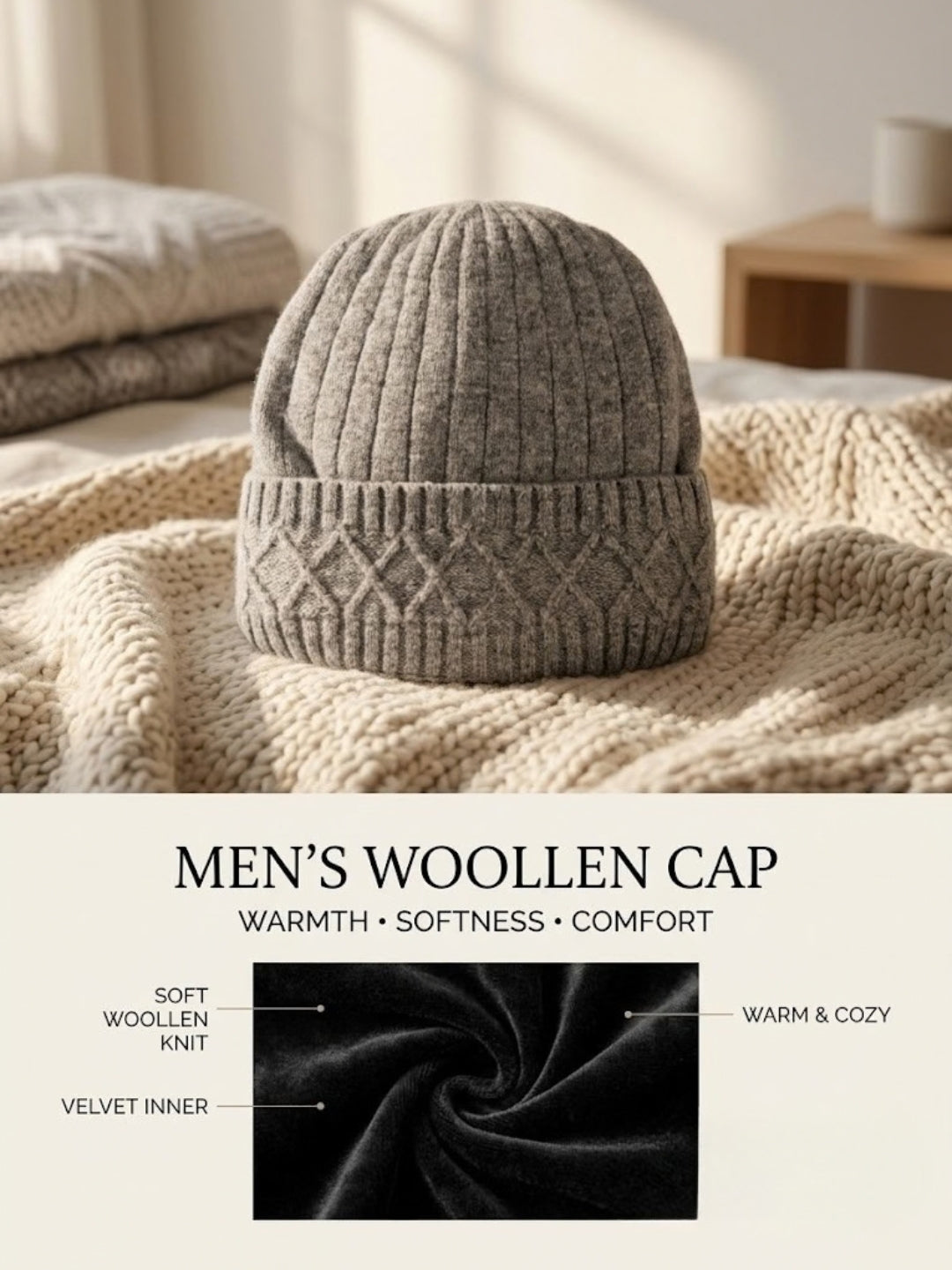 Cdeck Men’s Woolen Winter Cap | Soft, Warm & Comfortable Cap for Everyday Wear | Free Size | Grey