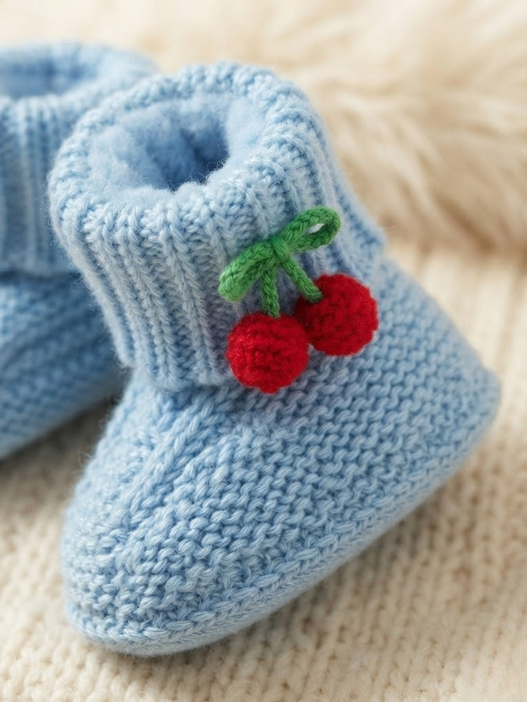 Cdeck Baby Wool Booties with Cherry Pom-Pom Design | Soft Knitted Baby Shoes | Cute Blue Booties for Babies 0–9 Months