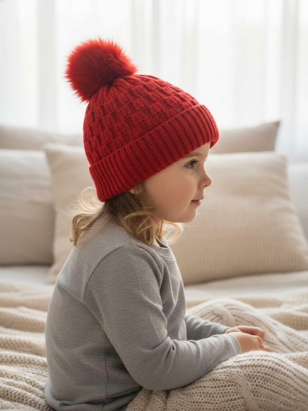 Cdeck Unisex Cable Knit Woolen Winter Beanie Cap with Pom Pom | Soft & Warm | 2–4 Years