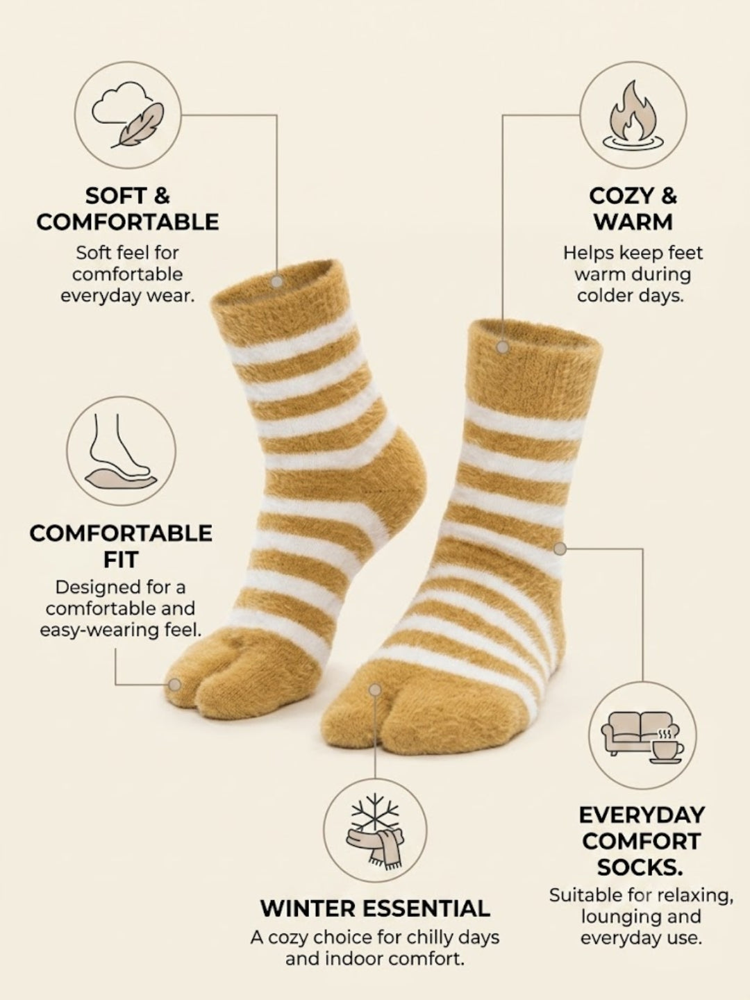 Cdeck Premium Hair Wool Socks for Women | Warm & Comfortable | Free Size | Mustard White Striped