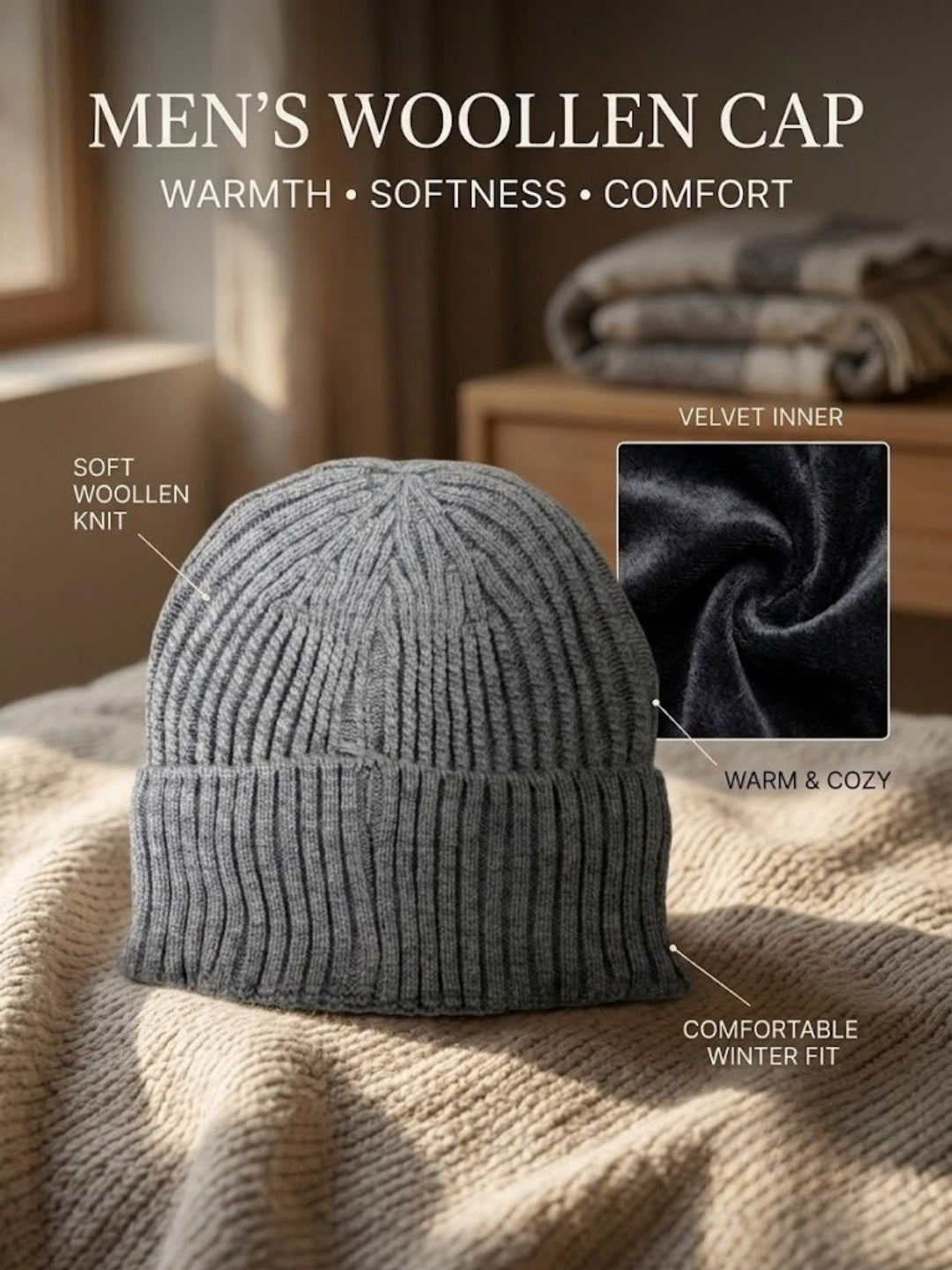 Cdeck Men’s Woolen Winter Cap | Soft, Warm & Comfortable Cap for Everyday Wear | Free Size | Cdeck
