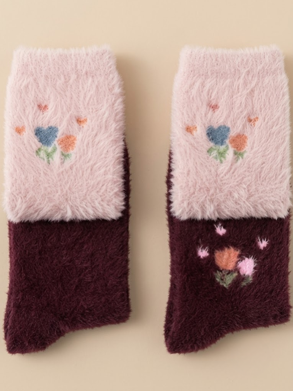 Cdeck Women’s Soft Wool Socks Combo | Pink & Wine Floral Winter Socks | Fluffy Warm Cozy Socks | Everyday Wear