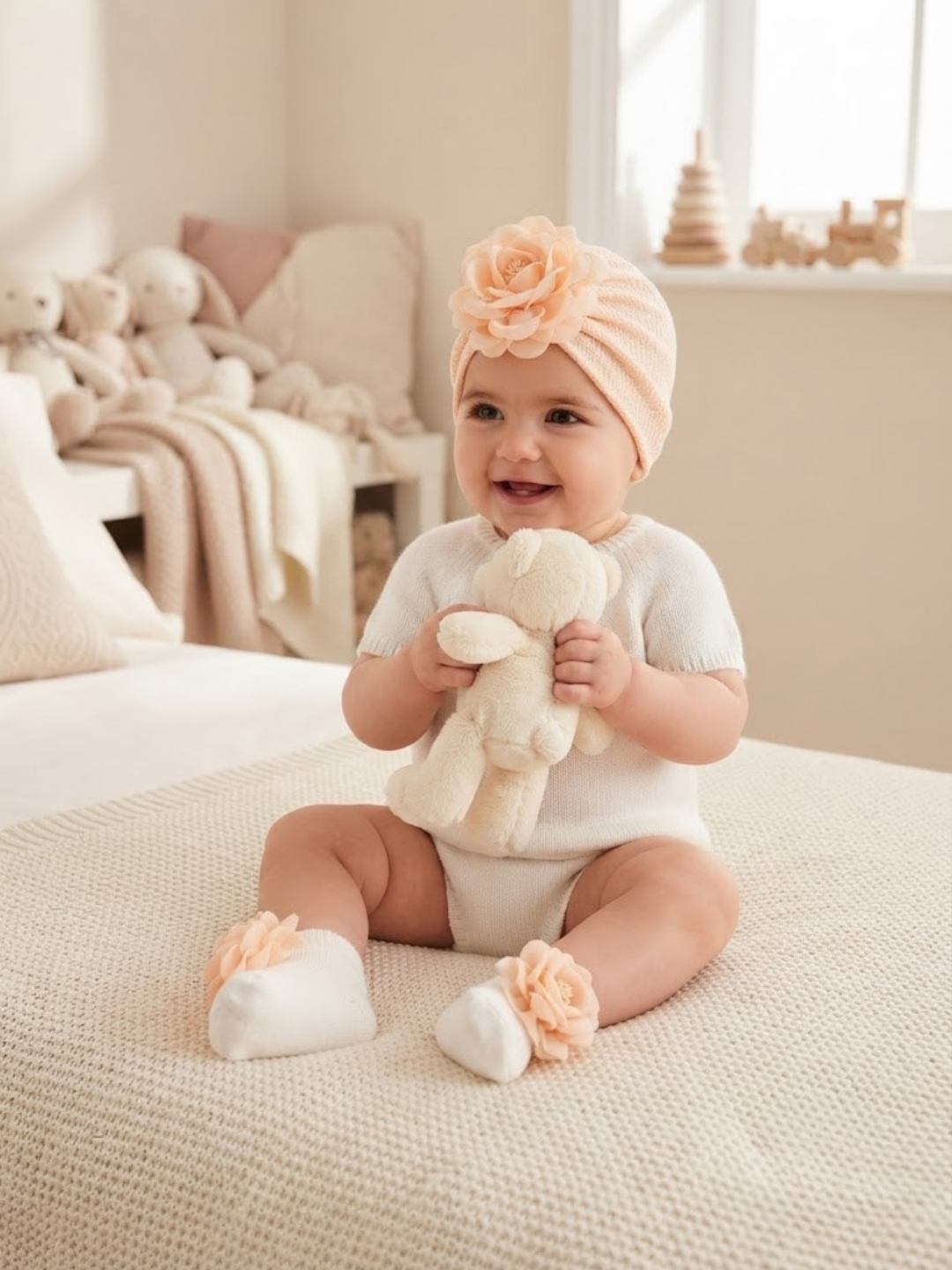 Cdeck Pure Cotton Baby Socks and Cap Set | Soft Floral Design | Comfortable Newborn Accessories