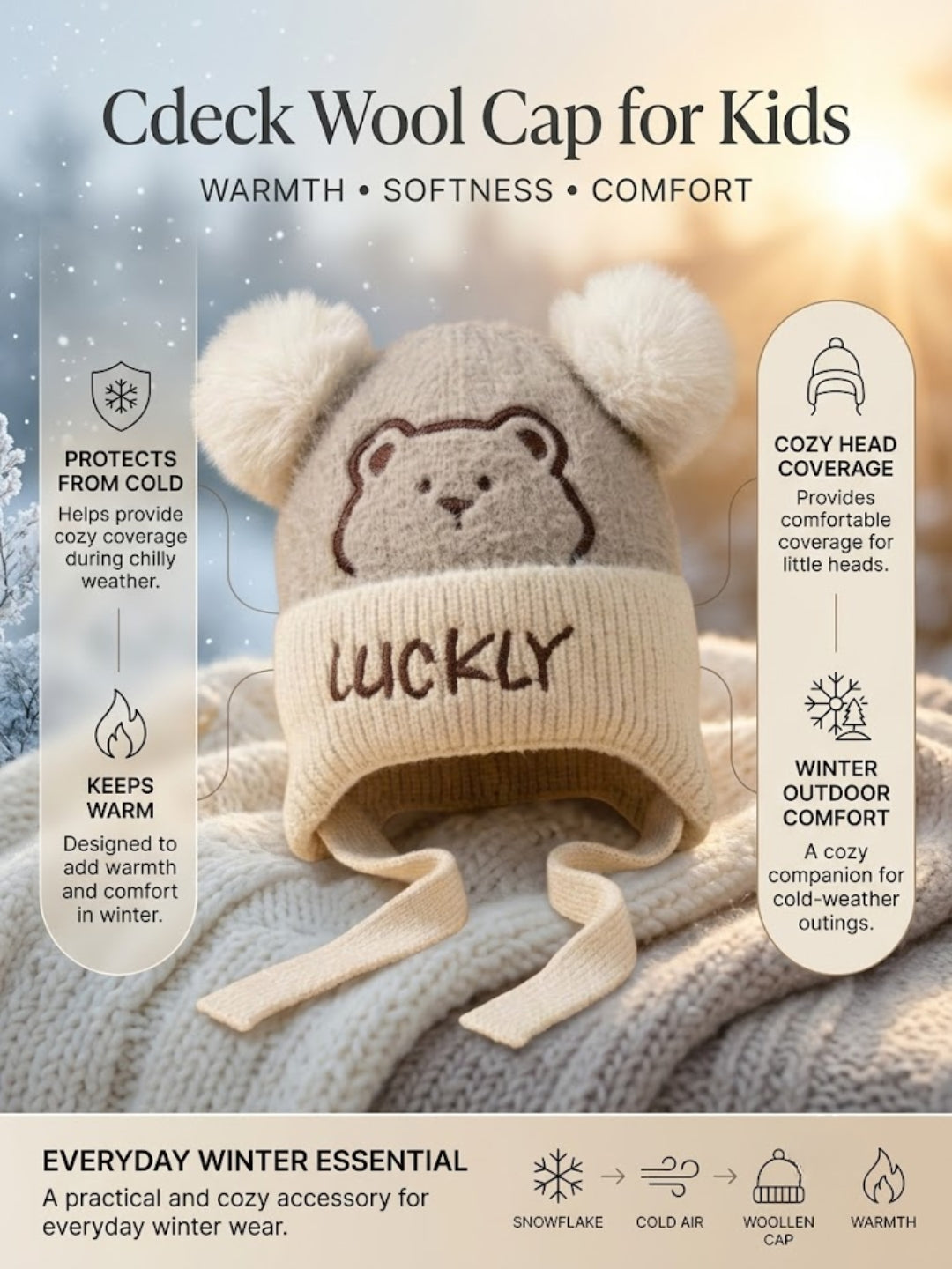 Cdeck Kids Woolen Winter Cap for Boys & Girls | Warm & Comfortable Winter Wear | 2–4 Years|Beige
