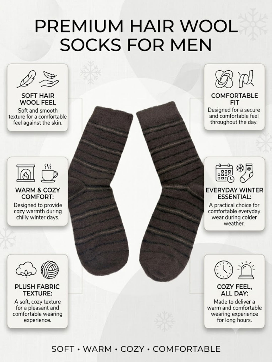 Cdeck Men’s Premium Hair Wool Winter Socks | Single Pair | Soft, Fuzzy, Warm & Comfortable | Brown Striped