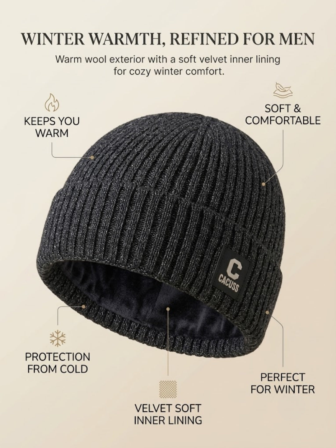 Cdeck Men’s Woolen Winter Cap | Ribbed Knitted Beanie | Free Size | Warm & Comfortable | Black