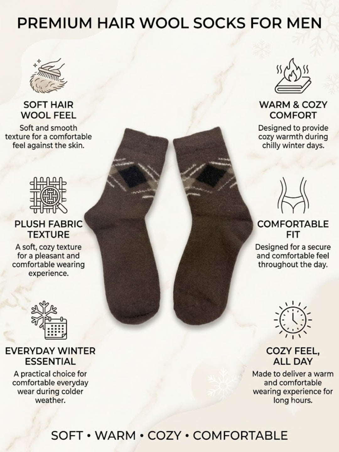 Cdeck Men’s Premium Hair Wool Winter Socks | Soft, Fuzzy, Warm & Comfortable | Dark Brown | Free Size