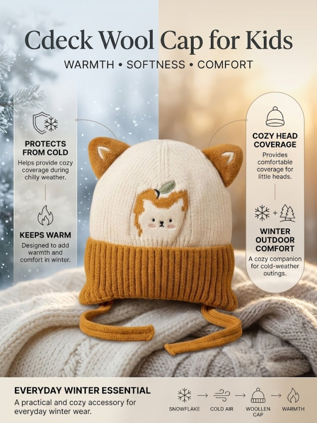 Cdeck Kids Woolen Winter Cap for Boys & Girls | Warm & Comfortable Winter Wear | 2–4 Years | Yellow
