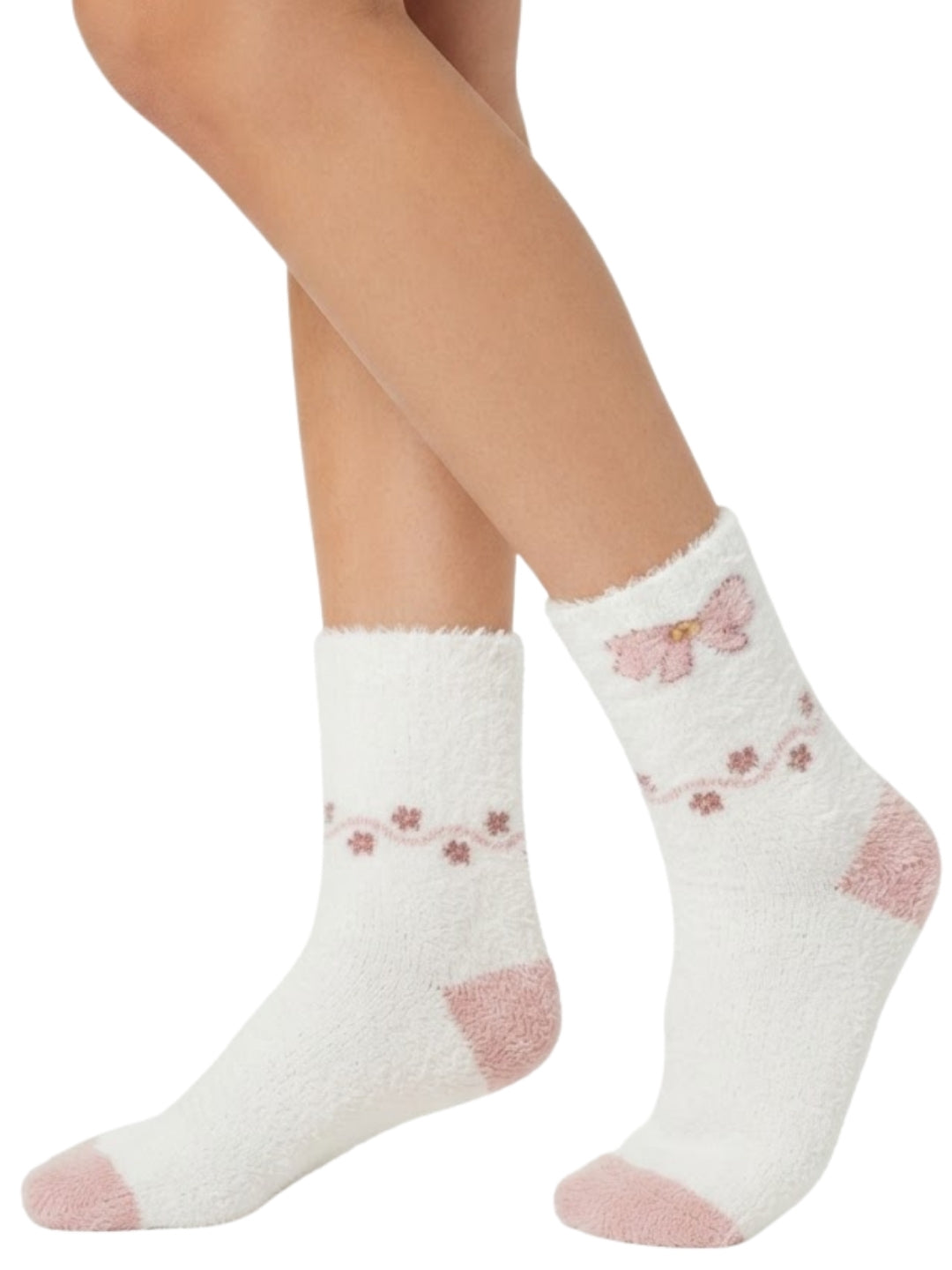 Cdeck Women’s White Fuzzy Socks with Pink Butterfly Design – Soft Plush Cozy Winter Socks