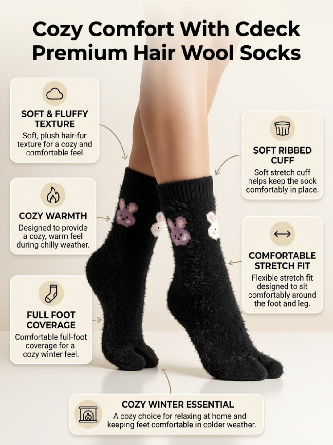 Cdeck Women’s Premium Soft Fuzzy Cute Animal Split-Toe Warm Winter Socks – Cozy Plush Free Size | Black