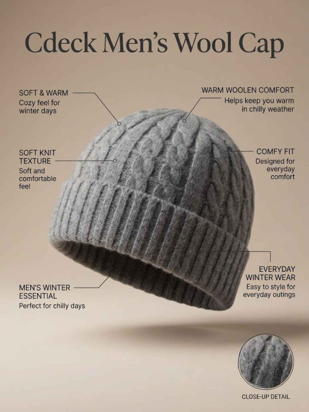 Cdeck Men’s Winter Woolen Cap | Ribbed Knit Beanie | Free Size | Soft & Warm | Grey