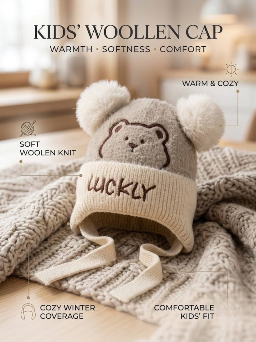 Cdeck Kids Woolen Winter Cap for Boys & Girls | Warm & Comfortable Winter Wear | 2–4 Years|Beige