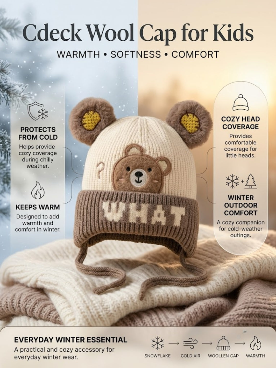 Cdeck Kids Woolen Winter Cap for Boys & Girls | Warm & Comfortable Winter Wear | 2–4 Years | Brown